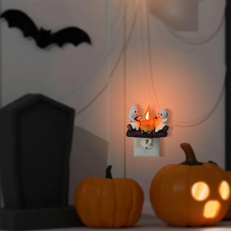 Ghost Campfire Flickering Nightlight Halloween Ghost Bonfire Night Lights in Plug Wall Pumpkin LED Lamp Room Decorations Gifts