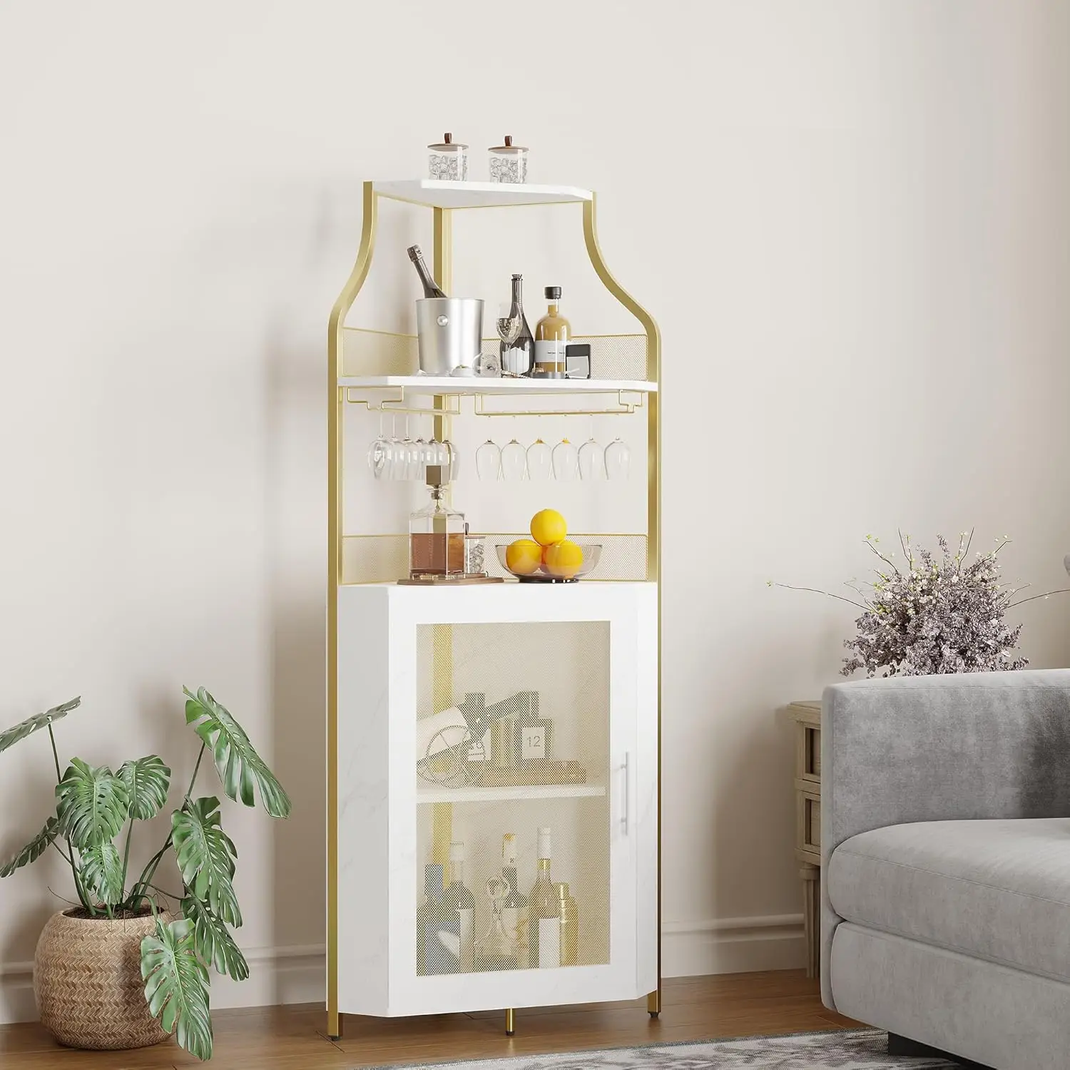 

Светодиодный барный шкаф с 5-уровневой регулируемой полкой для хранения вина и алкоголя, стеклянной сетчатой дверцей, для столовой, буфета, золотистый, с подсветкой, на заказ