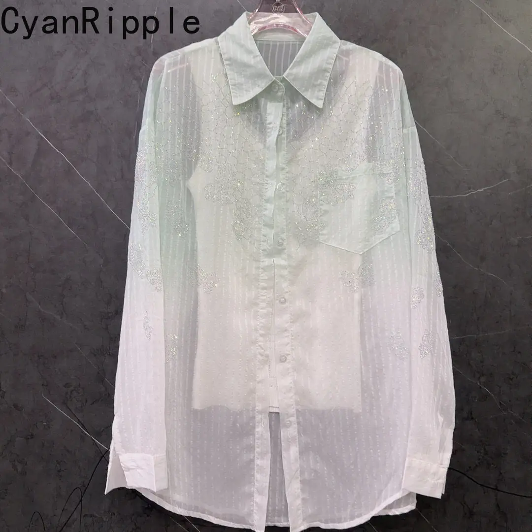 2026 New Summer Shiny Hot Diamonds Women Cardigans Top Long Sleeved Sunscreen Shirt All-match Single-breasted Female Blouses