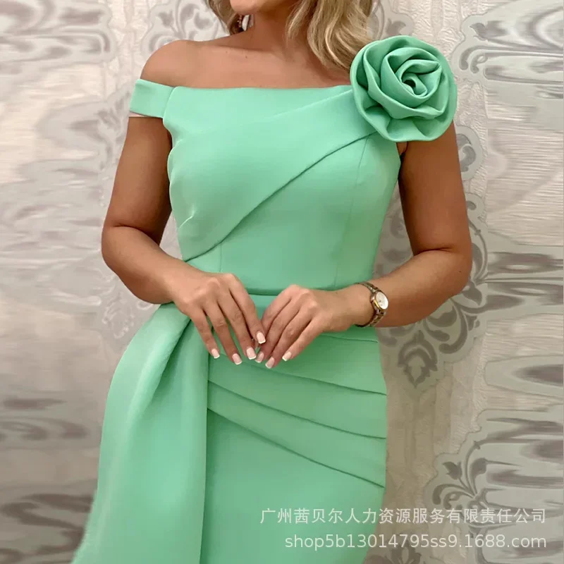 Spring Summer New Women\'s Mint Green Off Shoulder Three-Dimensional Flower Decoration Asymmetric Gathers Dress Skirt