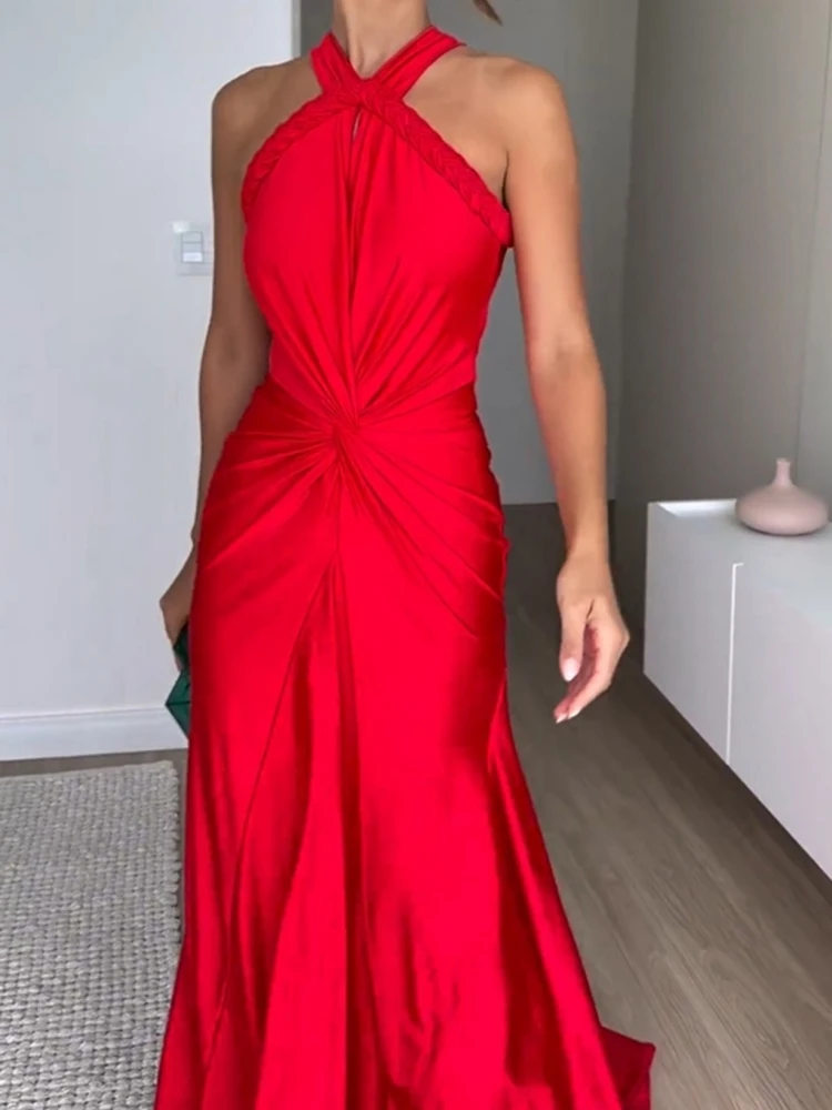 Sexy Asymmetrical Straps Hollow Out Maxi Dress Women Red Sleeveless Backless Slim Mermaid Maxi Dresses Evening Party Gowns