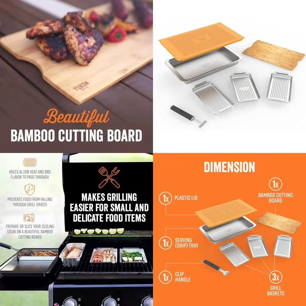 

Premium BBQ Serving Set with 3 Baskets, Tray, Bamboo Board, Lid, and Handle