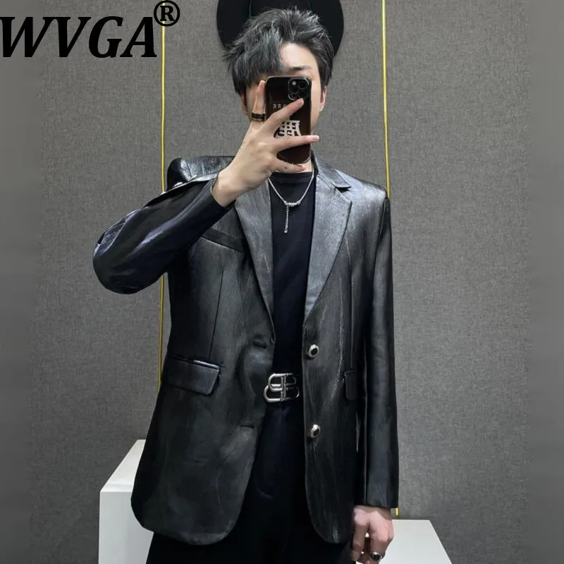 

WVGA Spring Autumn New Men Tide Leather Turn-Down Collar Jackets Niche Chic Casual Shoulder Padded Long Sleeve Blazer Ins W16469