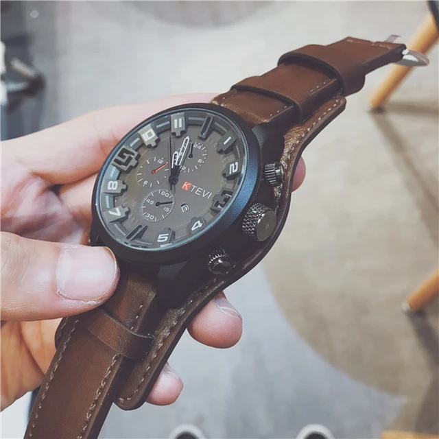 Watch Men Large Dial Sport Watches Leather Strap Oversized Quartz Wrist Watch Army Military Clock Relogios Masculino Hot AliExpress