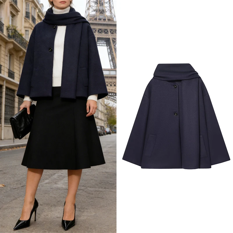 Manteau cape en laine mélangée bleu marine pour femmes, décolleté ample, veste décontractée à simple boutonnage, nouvelle collection début du printemps 2026
