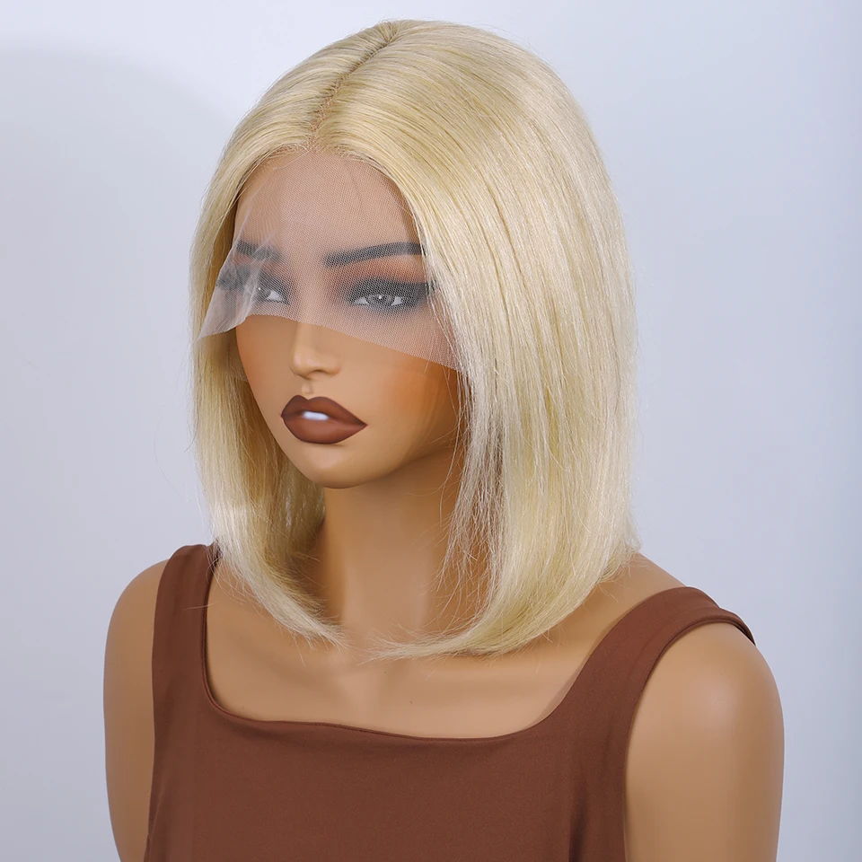 Straight Short Bob Wig 13*5*2 T Part Lace Front Human Hair Wigs 180%D Brazilian 613 Honey Blonde Lace Front Human Hair Wigs