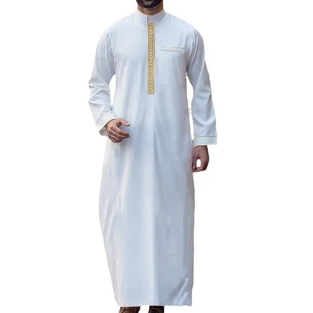 남자 이슬람 패션 Jubba Thobe Abaya 아랍 스탠드 칼라 자수 풀오버 긴 가운 가운 두바이 Abayas 느슨한 봄 2025