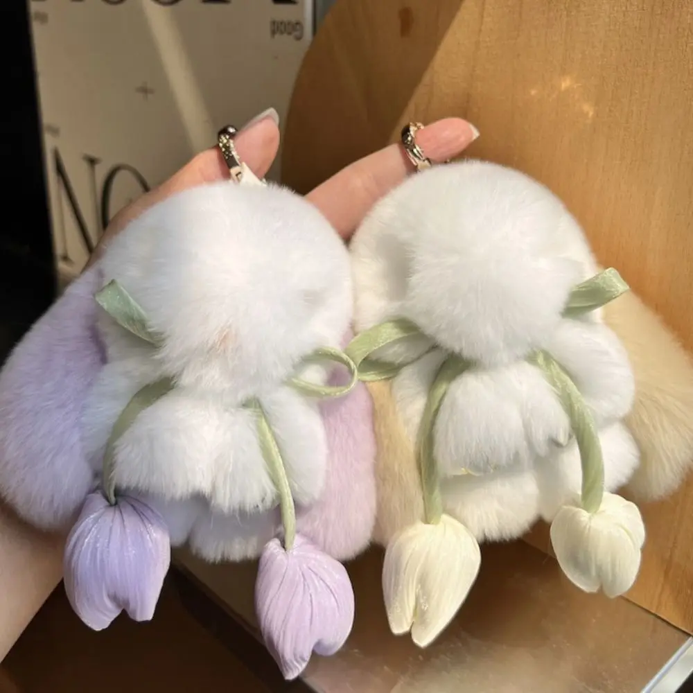 Fashion Plush Tulips Rabbit Pendant Stuffed Doll Cartoon Fluffy Bunny Keychain Cute Hanging Ornament Backpack Key Chain