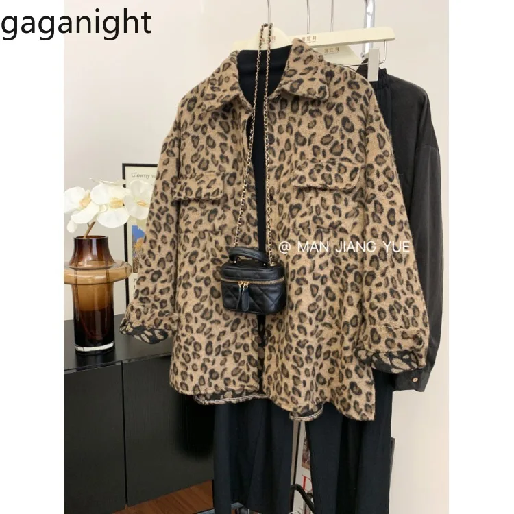 Gaganight Women Woolen Leopard Printed Brushed Long Sleeved Shirt 2024 Women's Autumn Winter New Shirt Retro Loose Slimming Top