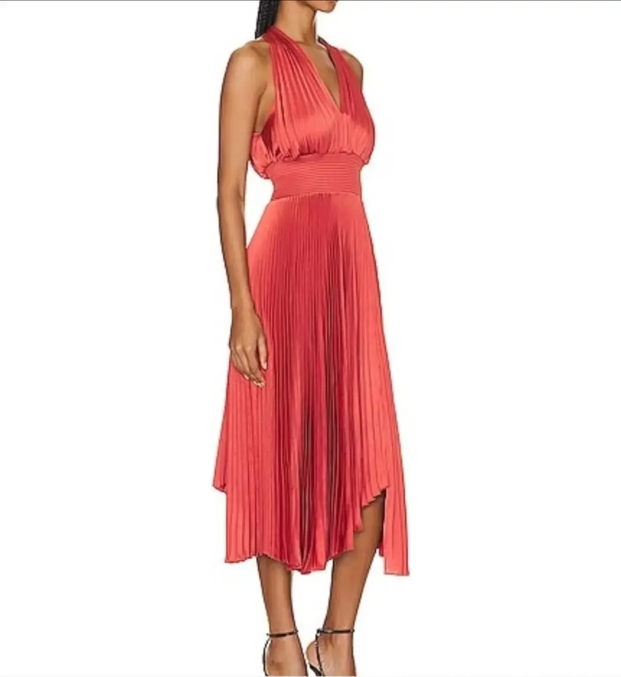 

24 Year Spring/Summer New Light Luxury Dress with Folded Sleeveless V-neck Satin Dress Watermelon Red and Black