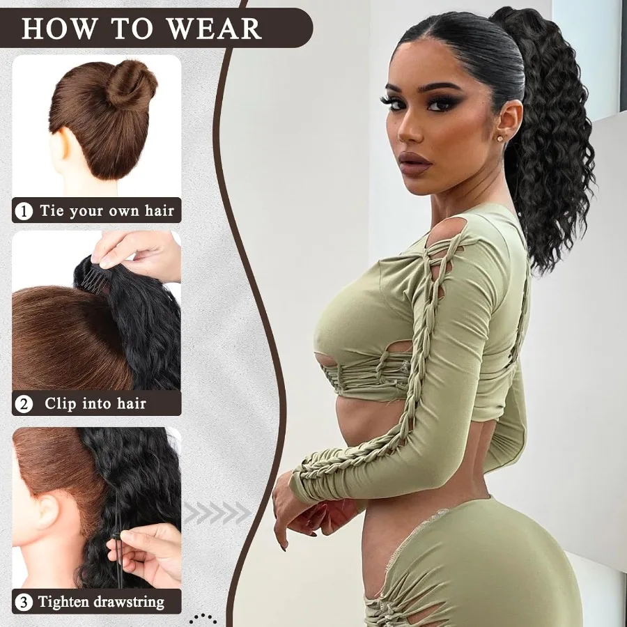 وصلة شعر صناعية طويلة مجعدة متعددة الاستخدامات مع تصميم برباط للنساء ذوات البشرة السمراء، قطعة شعر سهلة المشبك