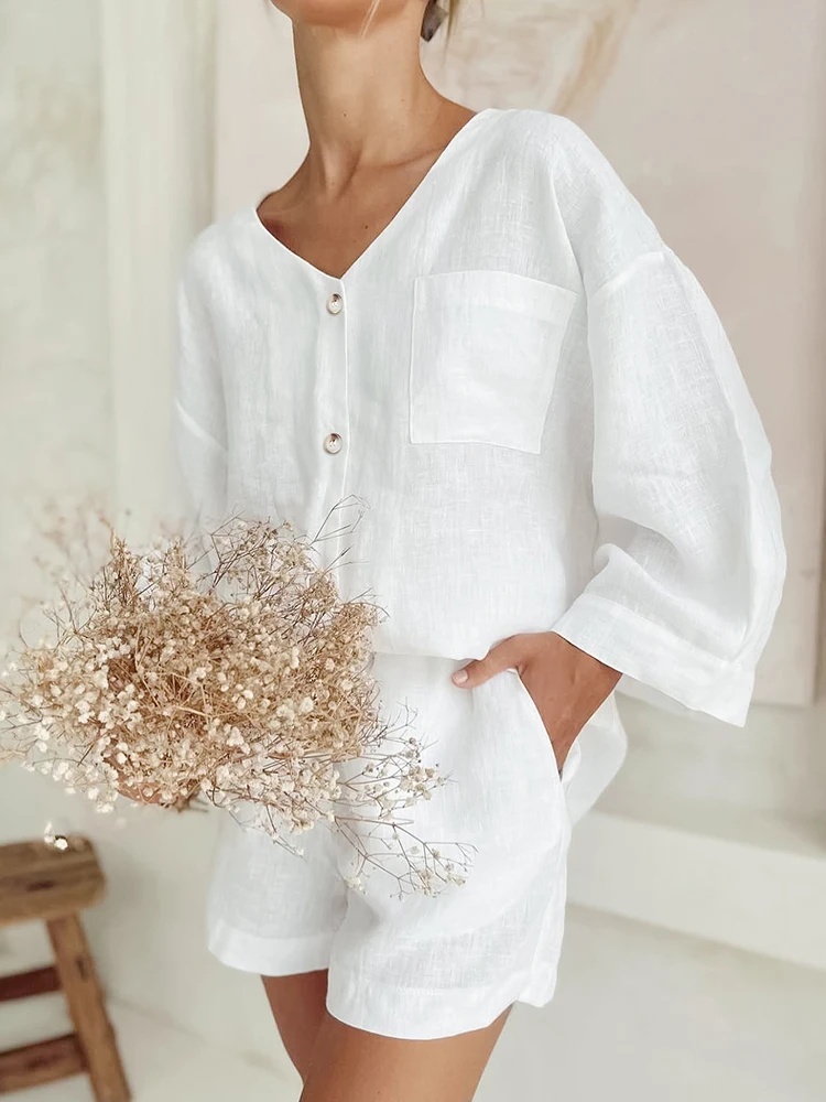 

V-Ne Long Sve irt And orts Комплект женский повседневный летний наряд полиэфирная ткань цветная простая домашняя одежда