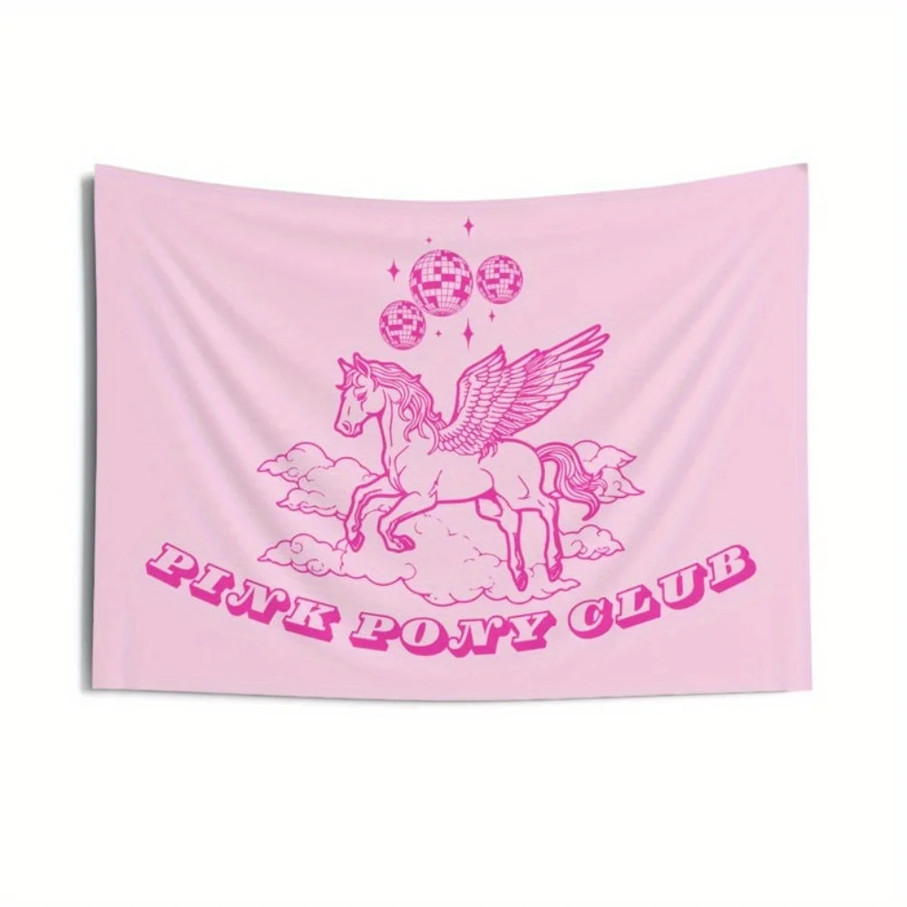 1 pancarta de tapiz de poni rosa, decoración colgante de pared de Pascua de color rosa Pastel con bolas de discoteca de poni aladas "PESTA ROSA"