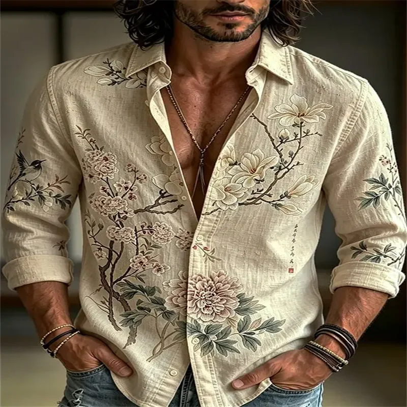New Artistic Chinese Style Long Sleeved Shirt with Beige Base, Ink Wash Landscape Flower Print, Daily Men's Top