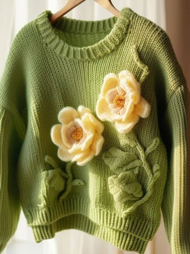 2025 nueva moda hermosa prendas de punto industria pesada suéter de flores verdes chaqueta mujer Otoño Invierno nuevo estilo Jersey Top