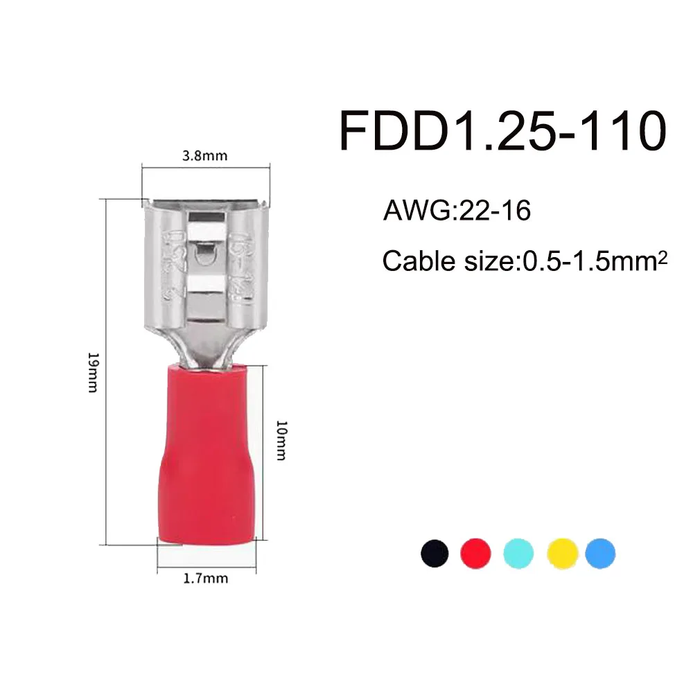 FDD 1.25-110 Insulated Female Disconnector Insulating material vinyl nylon thickness:0.3mm  Cable size 0.5-1.5mm2