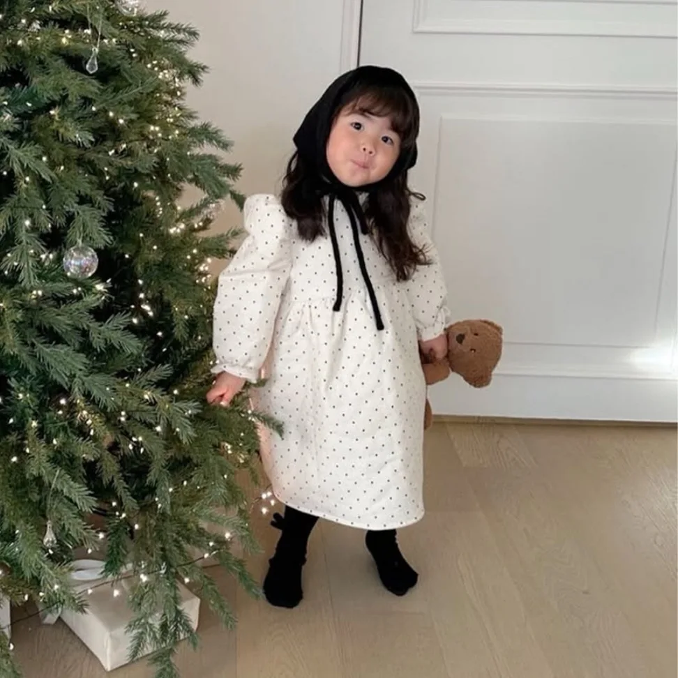 2025 Winter New Baby Girl Long Sleeve Warm Dress Infant Girl Lace Collar Polka Dot Princess Dress Toddler Cotton Padded Dress