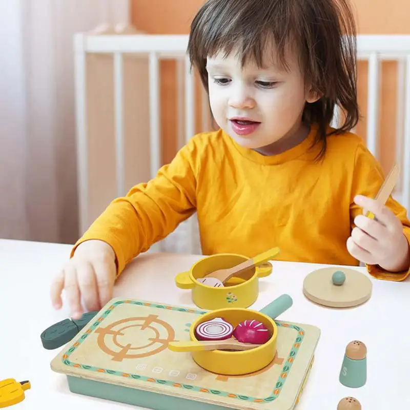 Juegos de cocina para niños, juego de simulación de comida, utensilios de cocina de madera con ollas, palas, accesorios para verduras para niños y niñas