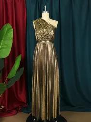 2023 Long Dress for Women Gold Gilding One Shoulder High Waist A Line Pleated Elegant Lady Evening Cocktail Wedding Guest Prom