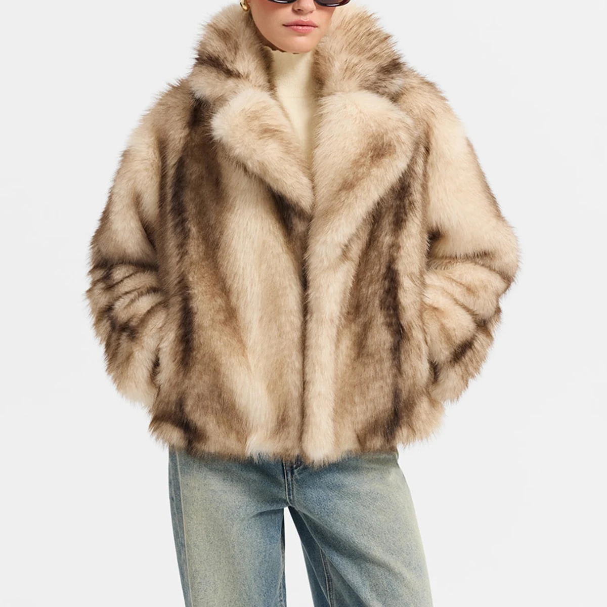 Women's Beige Fluffy Faux Fur Coat Gradient Lapel Collar Cropped Winter Warm Thick Elegant Luxe Chic Outerwear