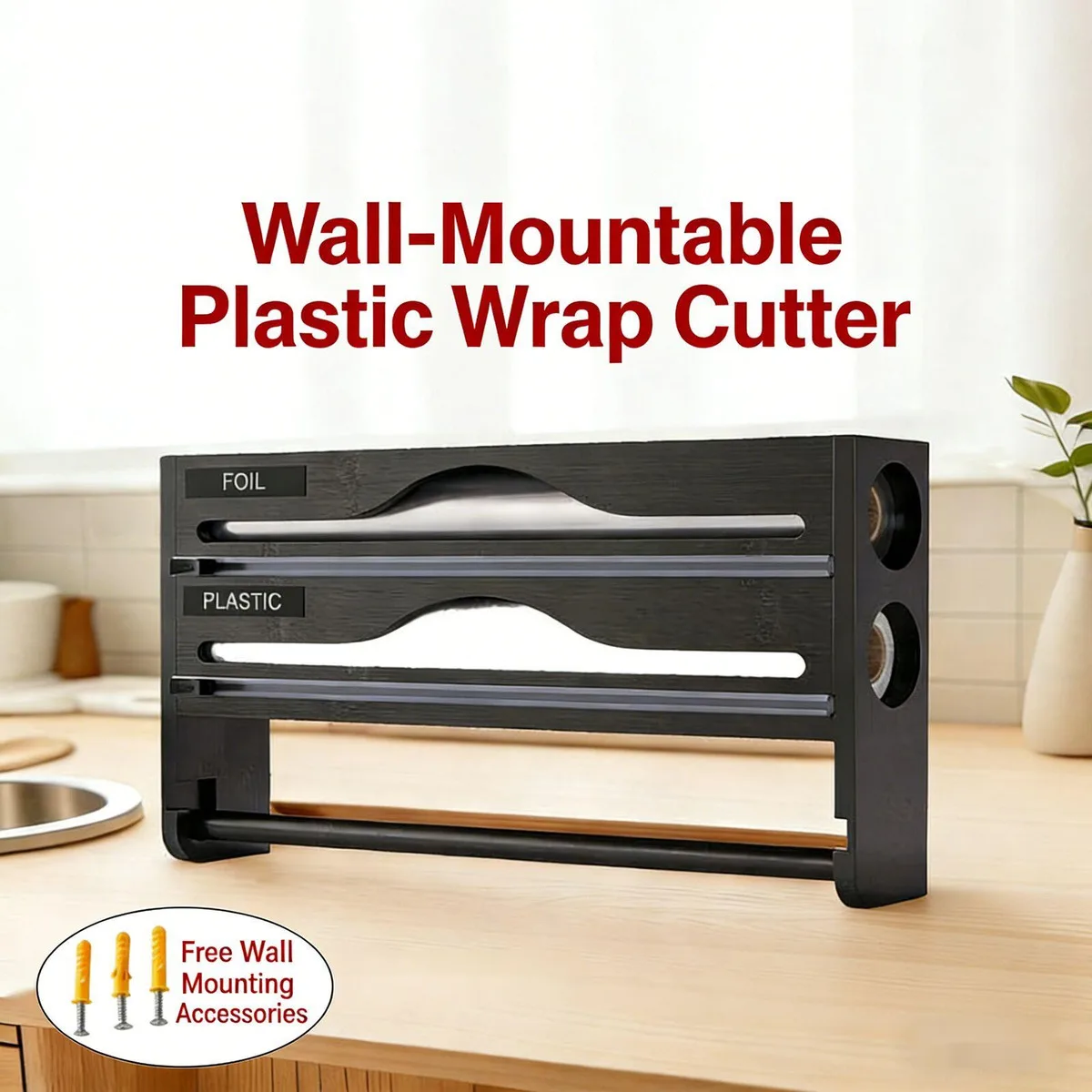 Bamboo 2 Compartment Cling Film Tin Foil Cutter Box With Wall Mounted Kitchen Paper Towel Organizer