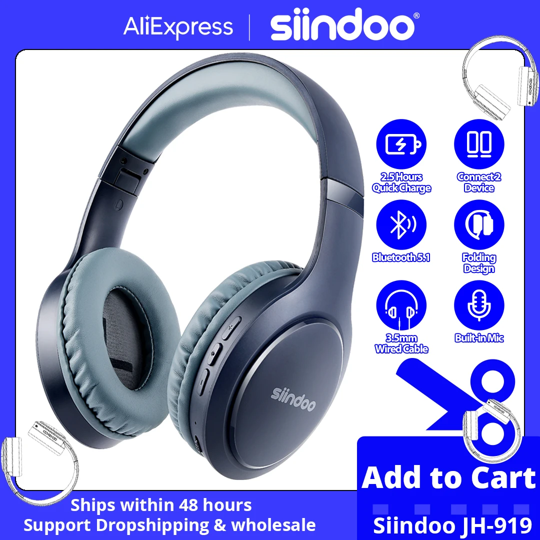 

Siindoo Wireless Bluetooth Headphones Over Ear Headset Blue Foldable Stereo Earphones Super Bass Mic For Laptop PC TV