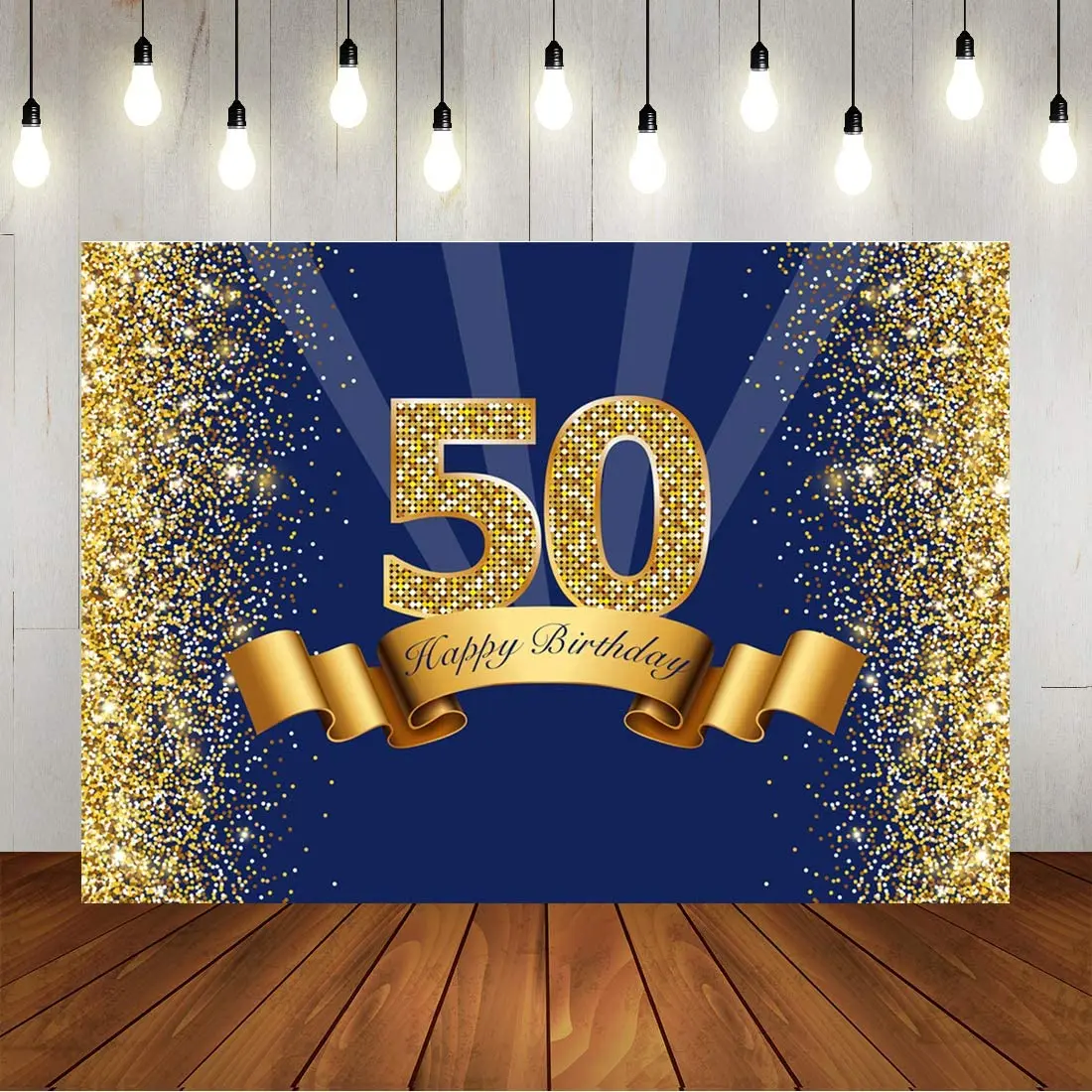 Fondo de fotografía de feliz 50 cumpleaños para hombres, azul marino y oro brillante, decoraciones de fiesta de edad de 50 años