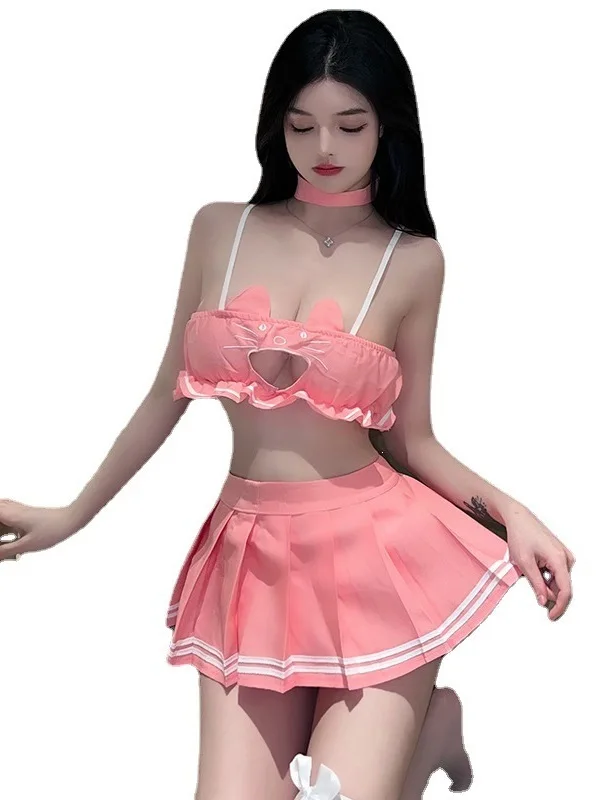 Lingerie da donna Cat Girl Cute Gonna corta in due pezzi Set Abito da studente sexy Jk Uniforme Fasciatura con spalle scoperte Top Fashion 9O3Z