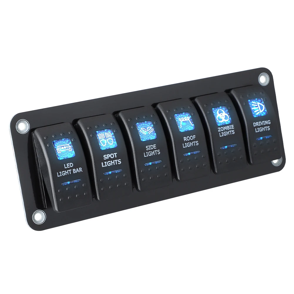 Black ABS 6 Gang Rocker Switch Panel 12V 24V with Blue LED Indicators and 10A Fuse for Automotive Applications