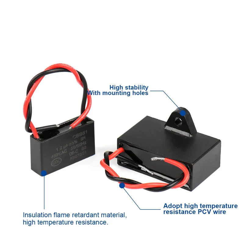 CBB61 Kapasitor Kipas 0.8 1 1.2 1.5 1.8 2 2.5 3 3.5 4 4.5 5 6 7 8 10 12 15 18 20UF Kapasitor Persegi Panjang Lari Motor Kipas Langit-langit