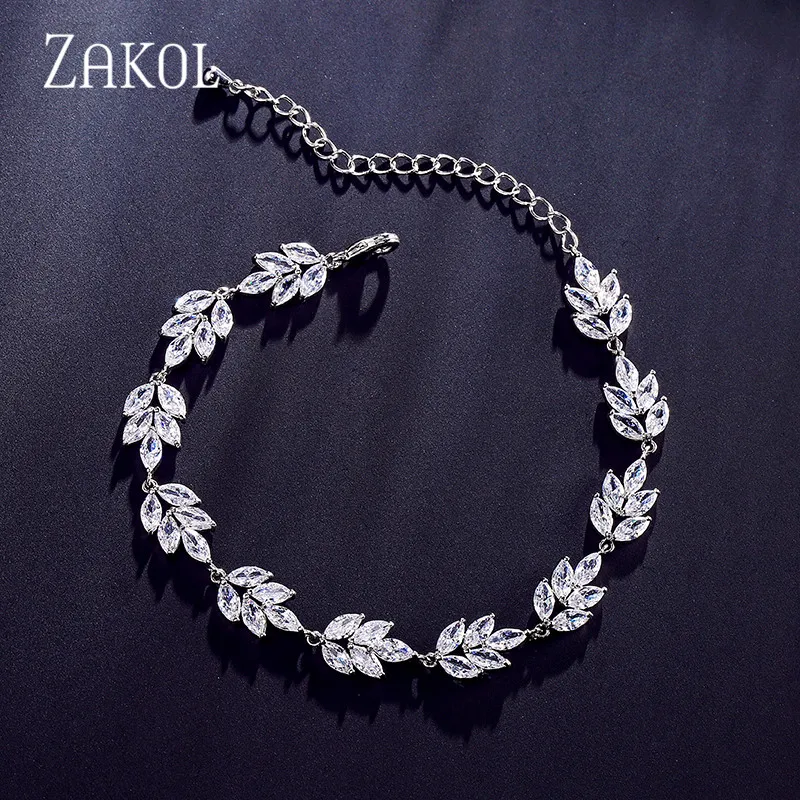 ZAKOL Luxury Cubic Zirconia Leaf Chain Bracelets for Women White Crystal Wedding Jewelry Gift BP2117