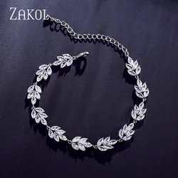 ZAKOL Luxury Cubic Zirconia Leaf Chain Bracelets for Women White Crystal Wedding Jewelry Gift BP2117