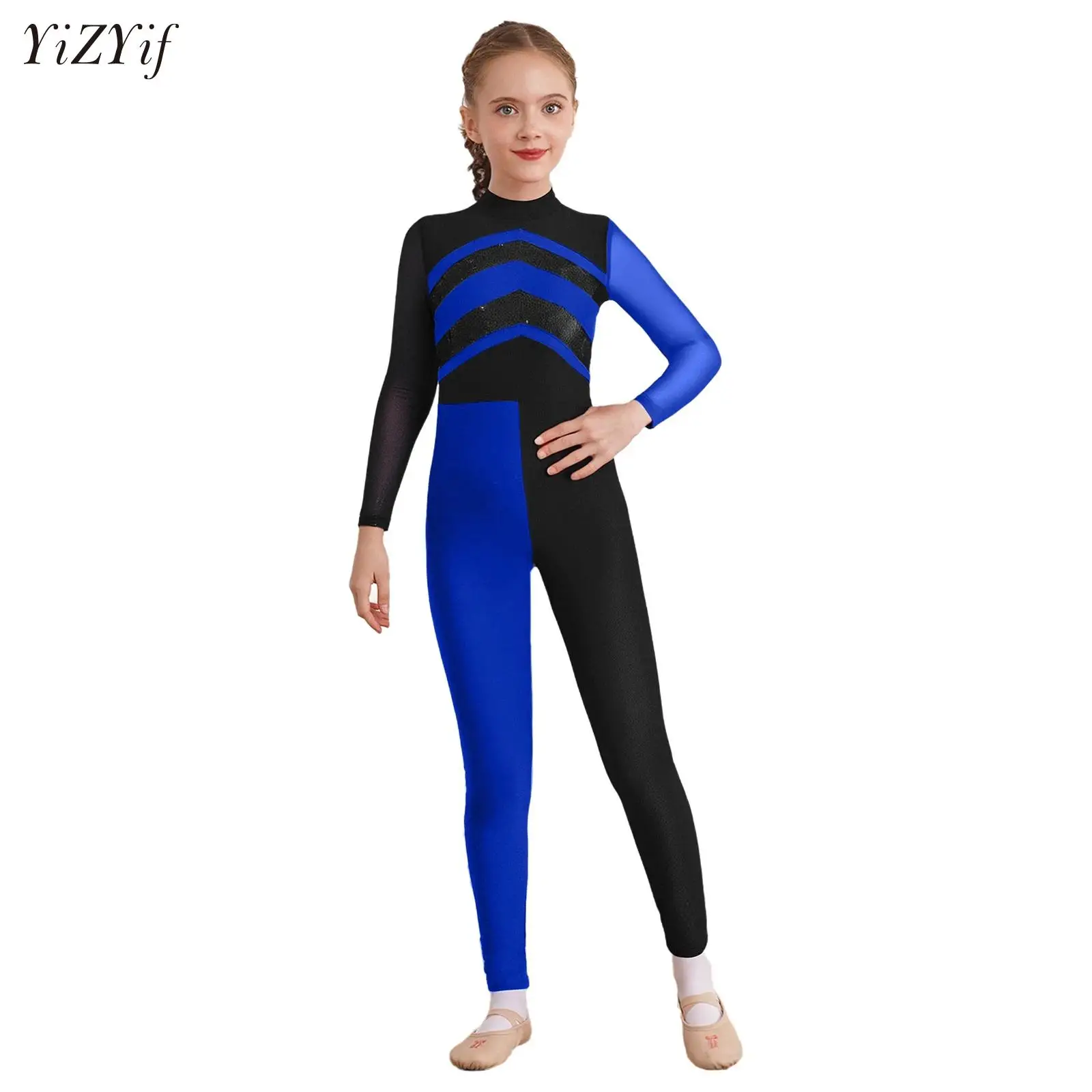 

Kids Girls Ballet Dance Unitards Figure Skating Gymnastics Jersey Dance Acrobatics Bodysuit Costume Sequins Color Block Jumpsuit