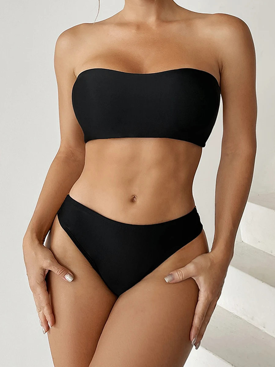 

2023 Sexy Bandeau Bikinis Women Strape Swimsuit Solid Swimwear Female Bathers Bathing Swimming Suit Triangle Beachwear Summer