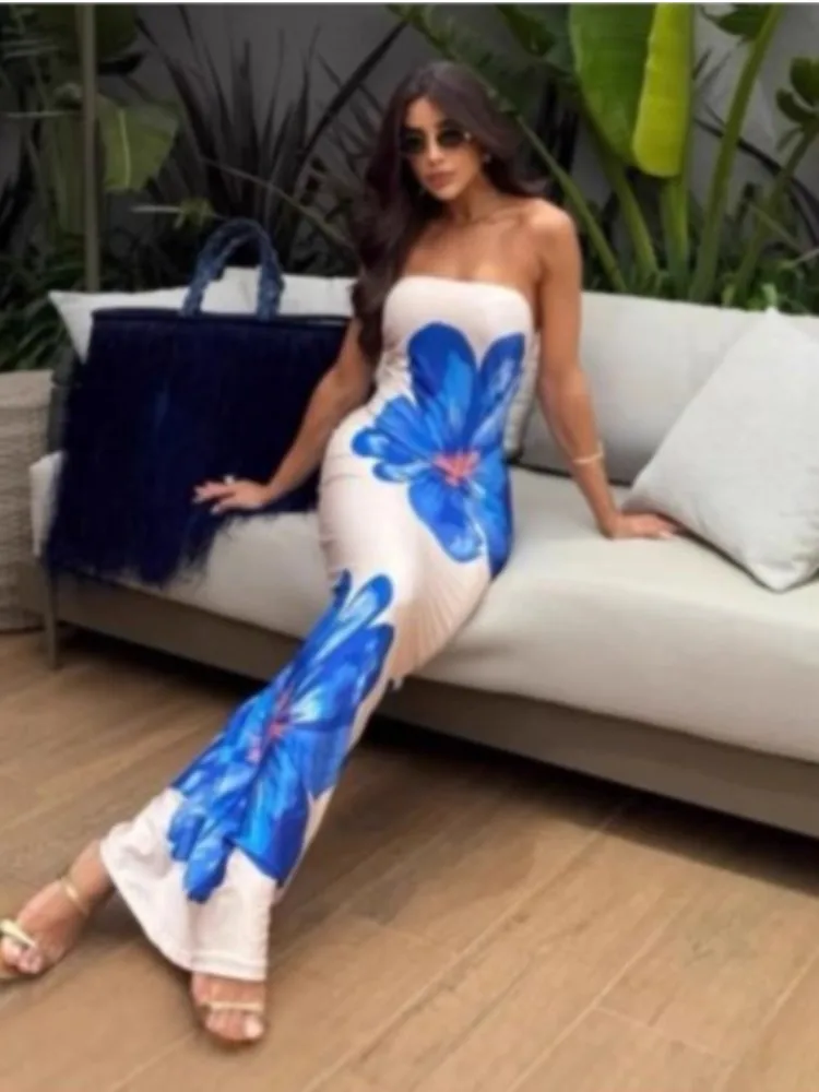

2025 Sexy Dress Elegant Vestidos Temperament Vestido Femininos Beachwear Chest Wrap Slim Holiday Off Shoulder Printing Wrap Hip
