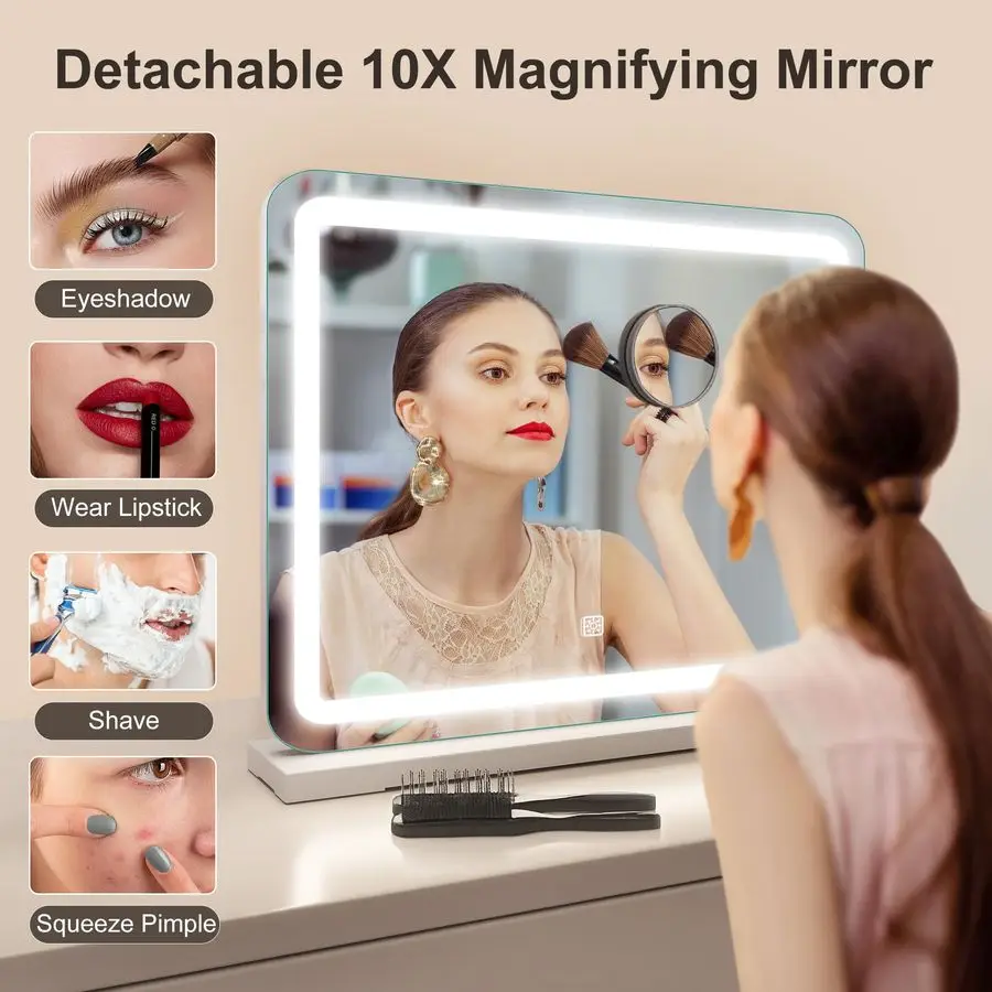 مرآة مكياج مقاس 19 × 14 مع أضواء وتكبير 10 مرات، وإضاءة LED قابلة للتعتيم بثلاثة ألوان وتحكم باللمس، ومنفذ شحن USB لـ T #3