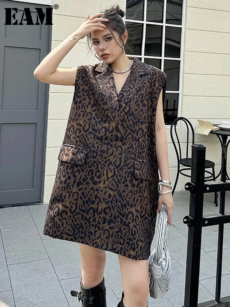 EAM Women Leopard Print Big Size Casual Vintage Mini Vest Dress New Lapel Sleeveless Fashion Tide Spring Autumn 2025 1DH5205