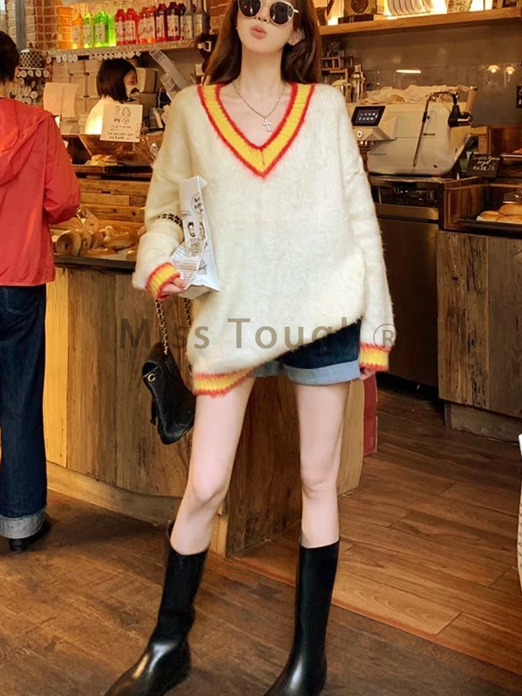 2023 Winter Vintage Knitted Pullovers Women V Neck Sexy Korean Fashion Y2k Elegant Tops Female Loose Warm Retro Sweater Clothing