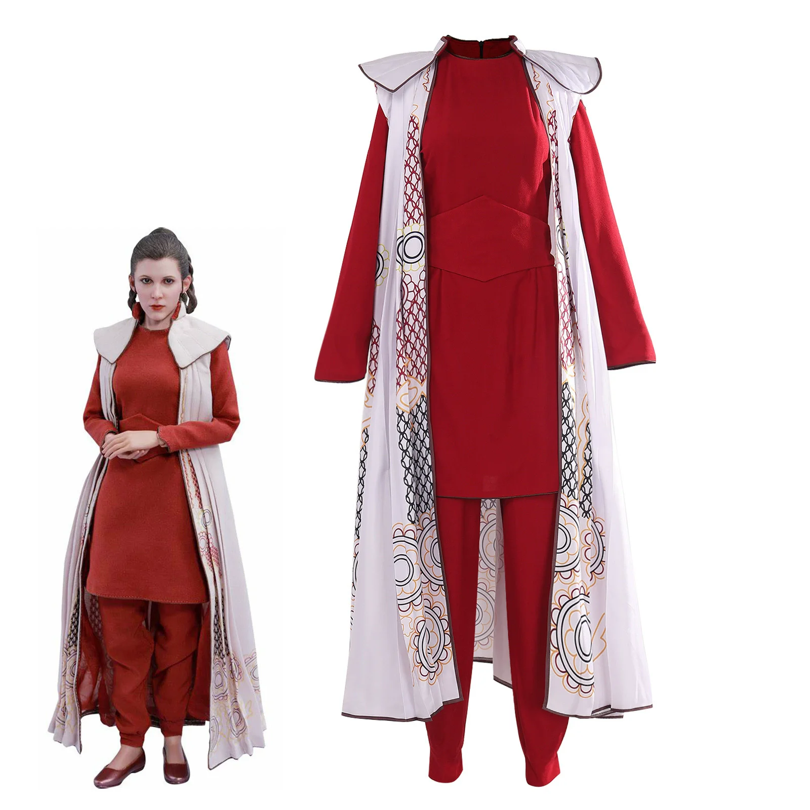 

LLeia Princess Cosplay Costume Red Top And Pants With Cloak Halloween Masquerade Dress Up Carnival Party Outfits For Women