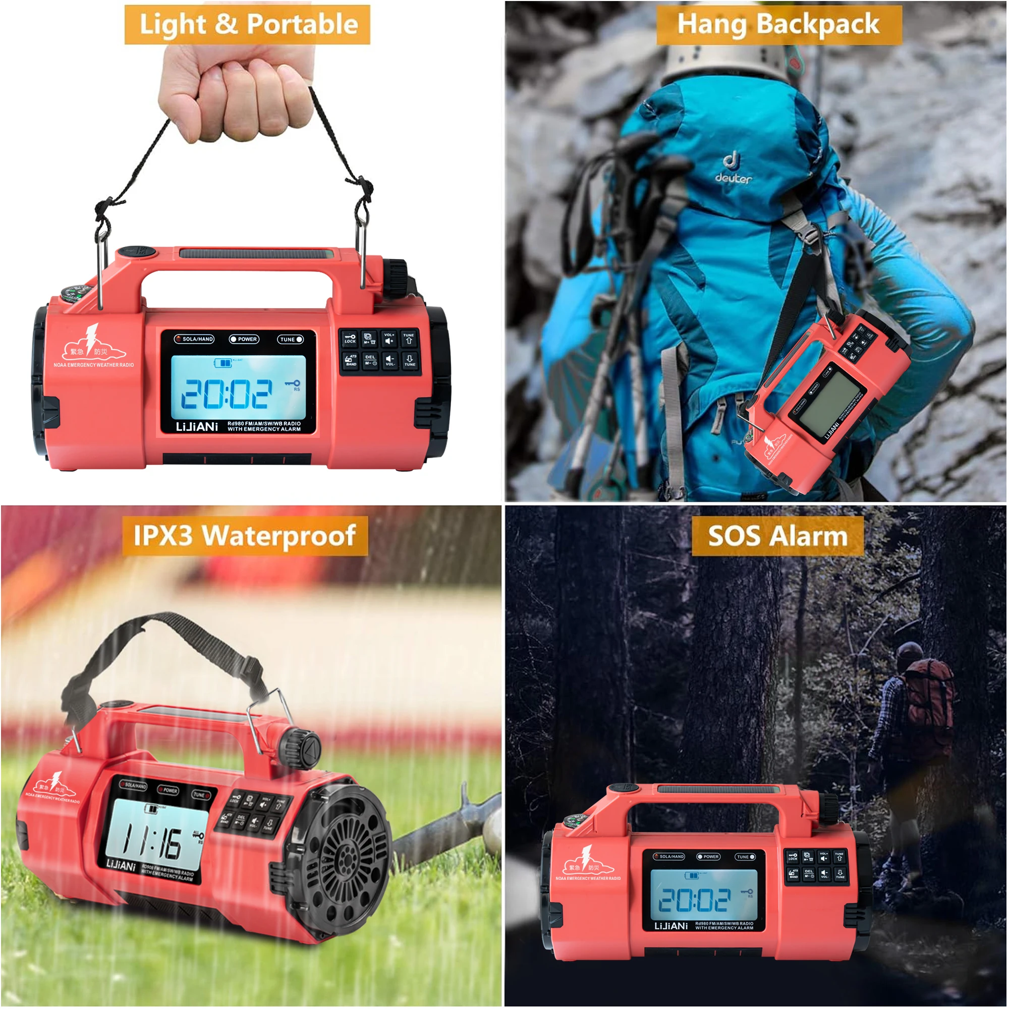 Emergency Radio with AM/FM/SW/WB Four Bands, Hand-cranked Generator, Large Capacity Battery and High Power Flashlight