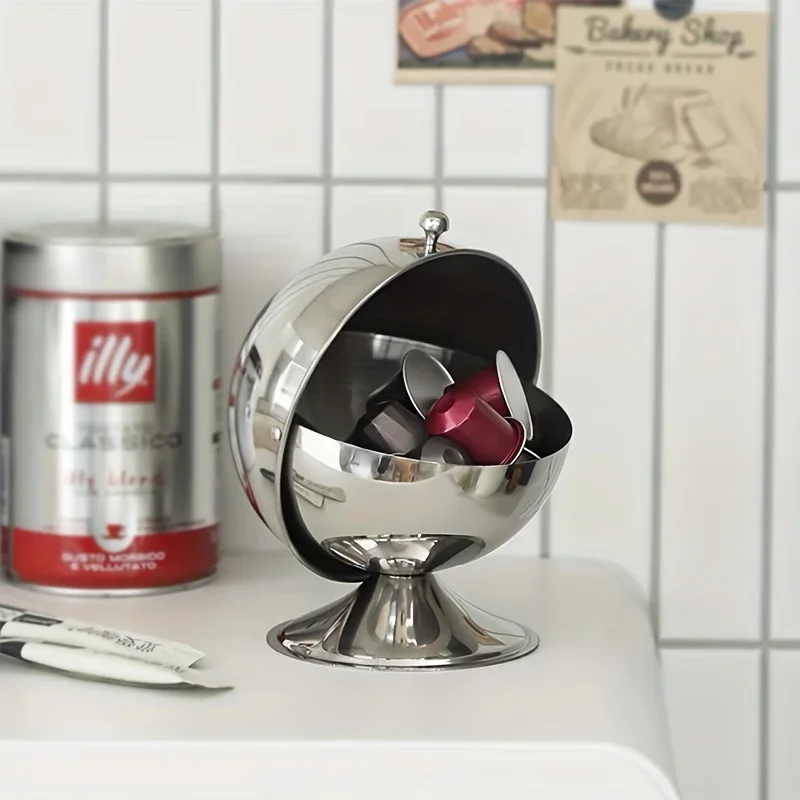 

Stainless Steel Storage Jar Sphere Storage Jar with Flip-Top Lid Modern Round Desktop Organizer for Kitchen Home Office