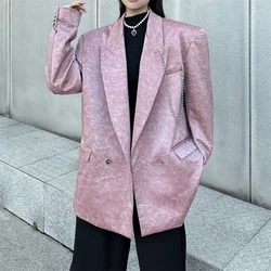 Women's Fashion Oversized Blazer High Street Style Serpentine Patern Luxury Pink Suit Jacket Unisex Loose Coat 2024 Winter New