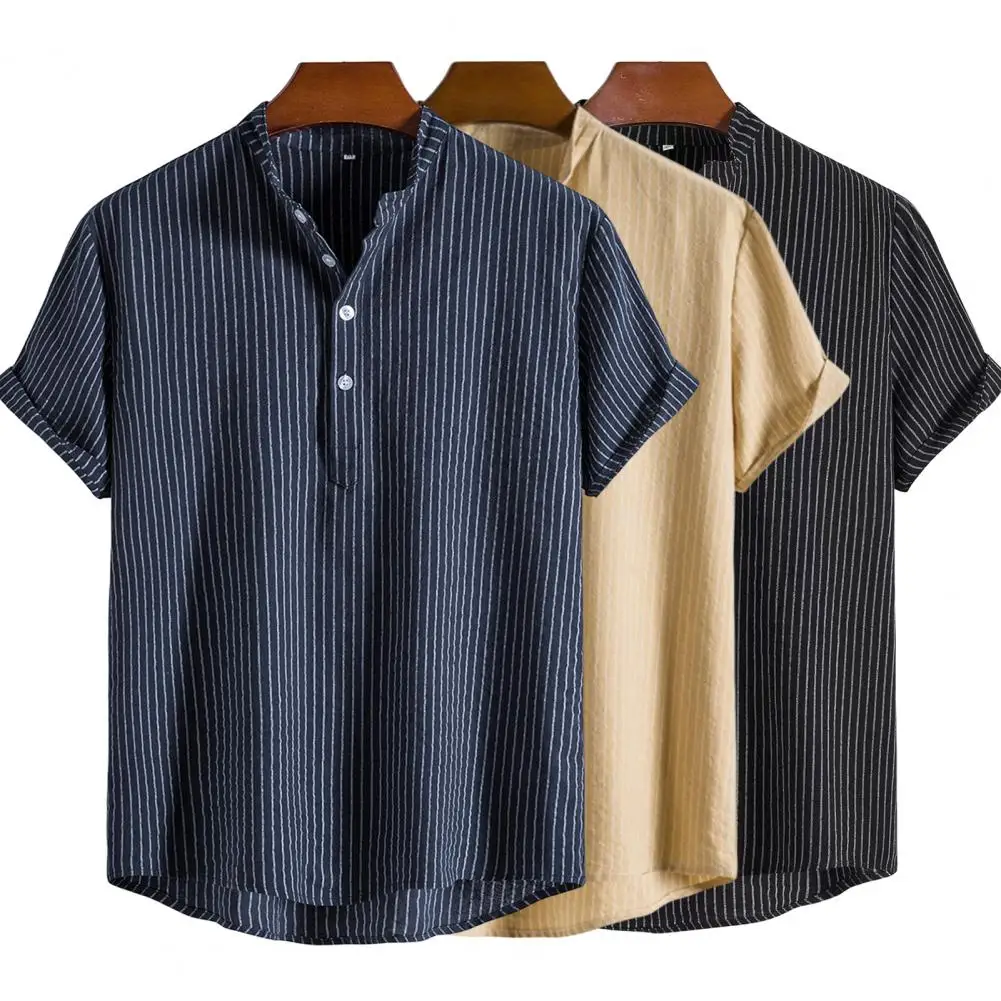 Men Summer Shirt Solid Color Stand Collar Men T-shirt Loose Buttons Short Sleeves Men T-shirt Simple Style Mid Length Men Top