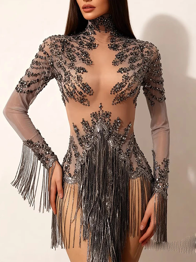 High Quality Rhinestone Tassel Sexy See Through Mesh Long Sleeved Jumpsuit 2025 New Fashion Custom Women'S Clothing
