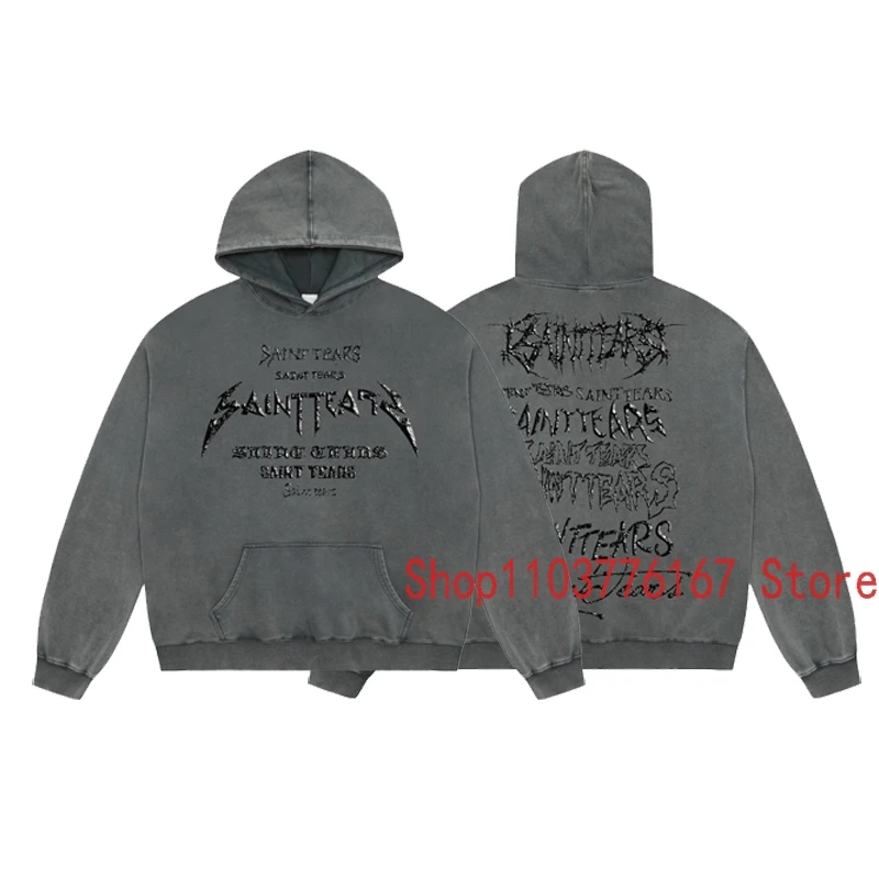 

Vintage Washed Grey SAINT Hoody Sweatshirts Personality Flash Art Letter Printed Hoodie Men Women Same Style Saint Pullover