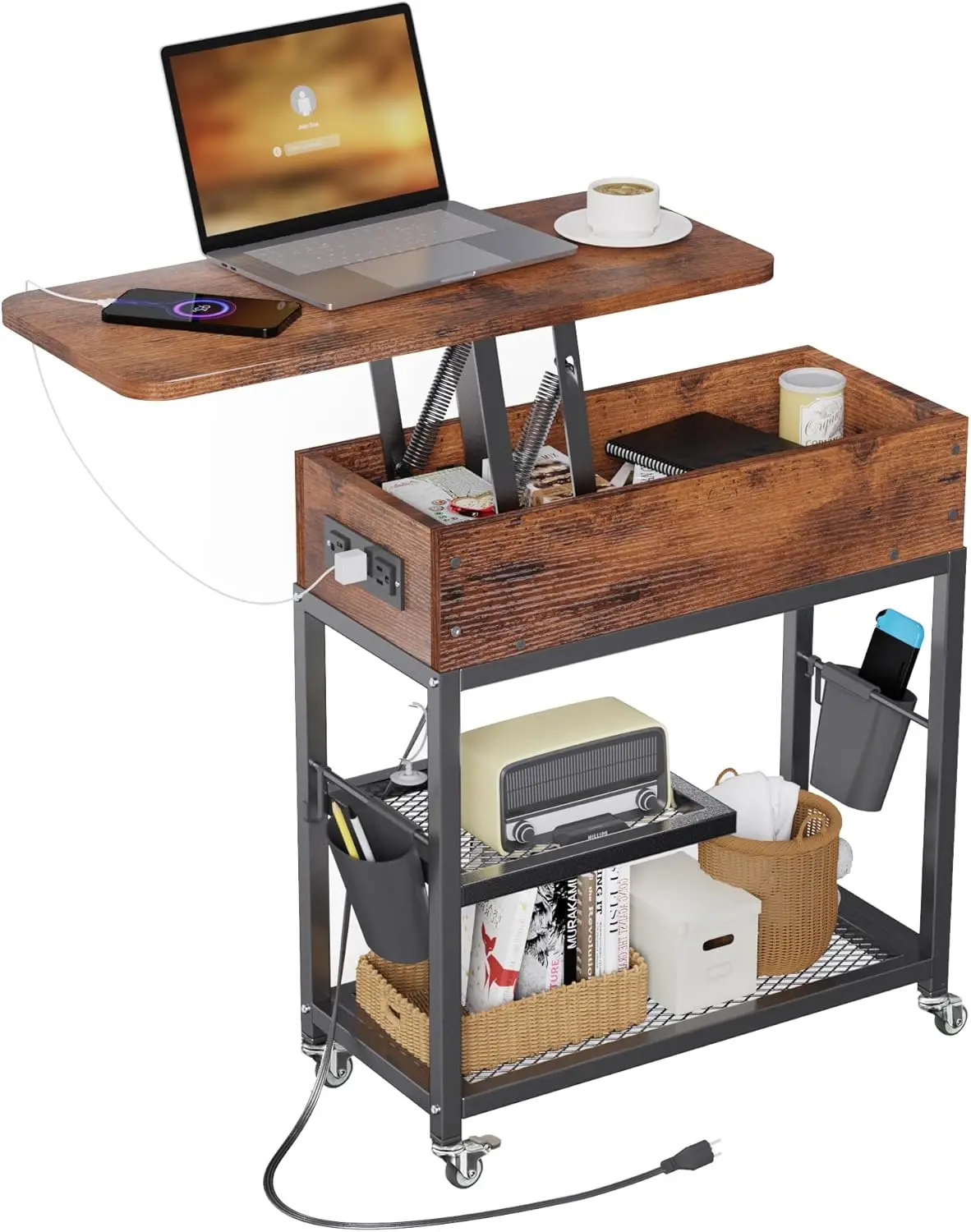 

Lift-Top Side Table with Charging Station - Mobile End Table with USB Ports & AC Outlets, Hidden Storage, Wheels - Rustic Woo