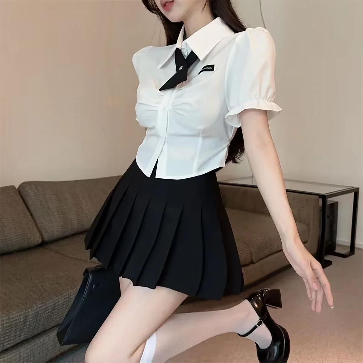 Women Basic Uniform Set Summer White Blouse Puff Sleeve Mini Pleated Skirt Black Girdle Waist Slim Shirt Girls JK School Uniform