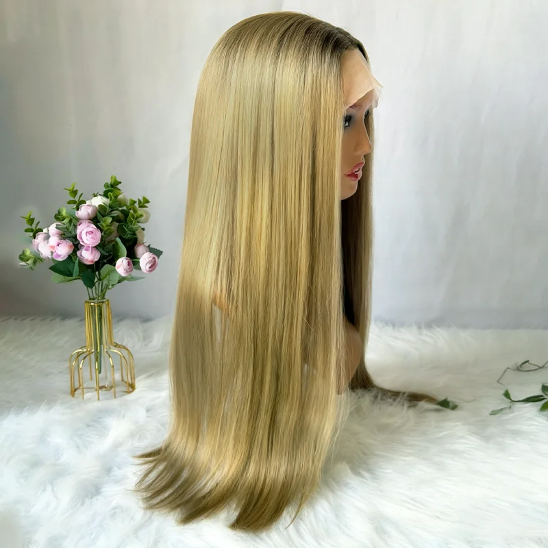 22 Inches Long Length Natural Straight Brunette Fibre Ombre Caramel Brown Shadow Roots High Density Synthetic Lace Front Wigs