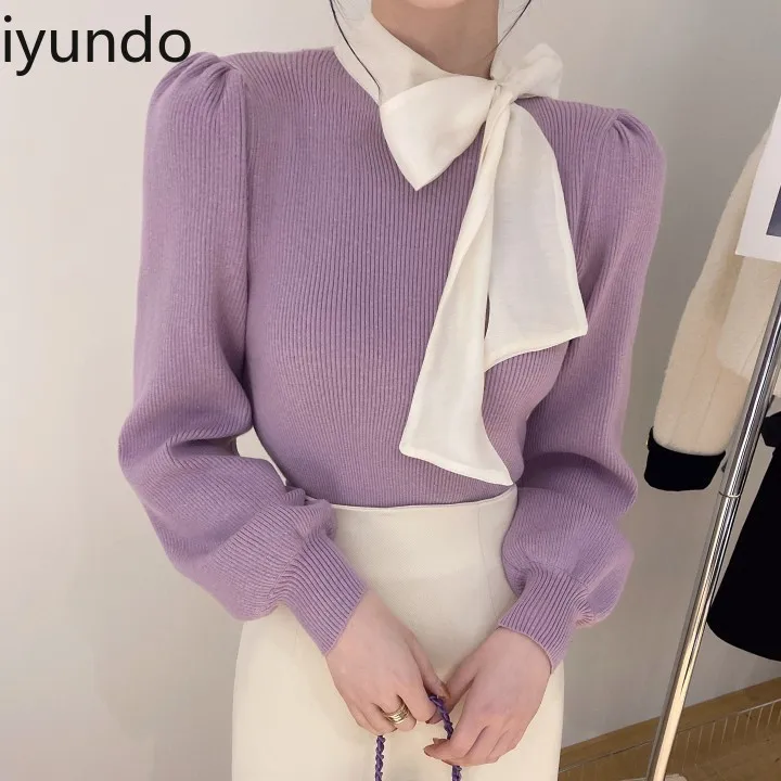 フレンチハーフネックニットトップス、ボウ付き - 韓国風スイートフローラルセーター、レディースシックカジュアルウェア、エレガントな長袖ブラウス