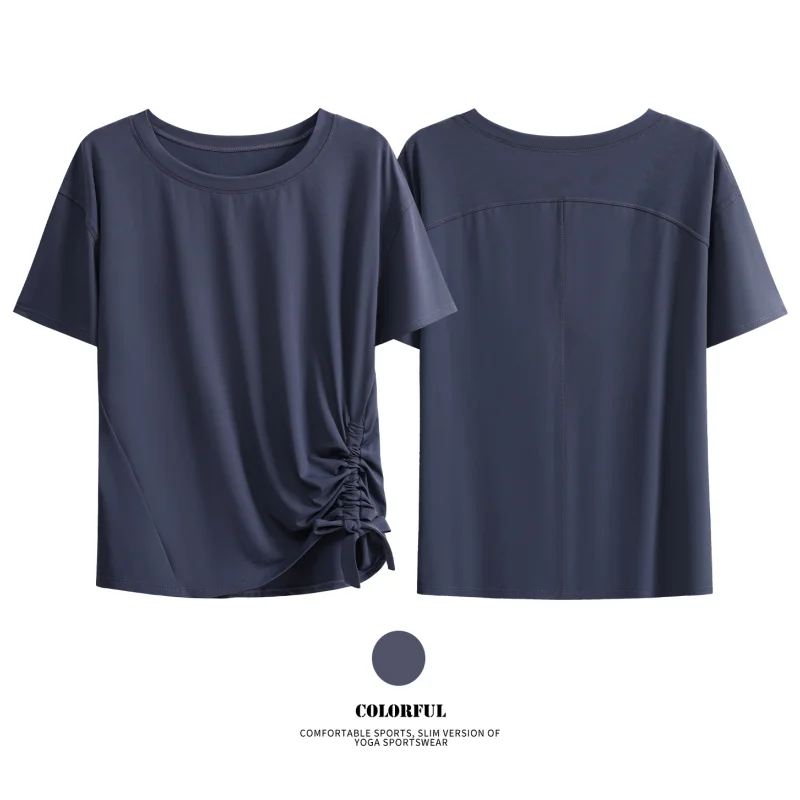 DRUR Summer Ruched Side Yoga Top and Round Neck Lightweight Soft Loose Fit Running Gym Shirts Breathable Sportswear For Hiking
